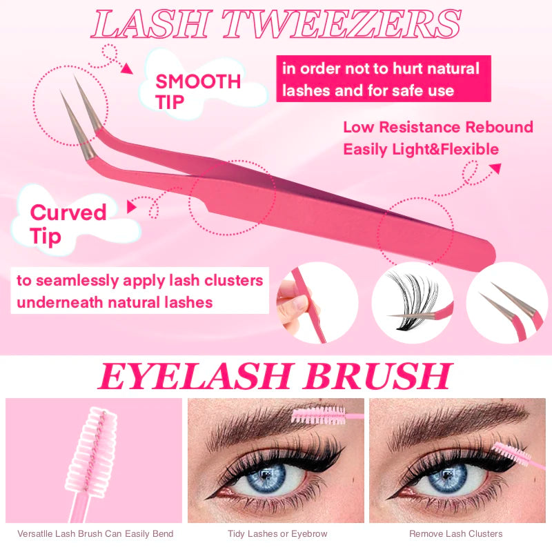 Lash Extension Kit Lash Clusters D Curl Individual Lashes Kit with Applicators D Curl 9-16mm Mixed Length Individual Lashes