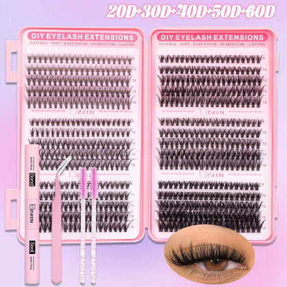 Lash Clusters Kit DIY Lash Extension Kit Large Capacity D Curl with Lash Bond And Seal And Eyelash Tweezers Makeup