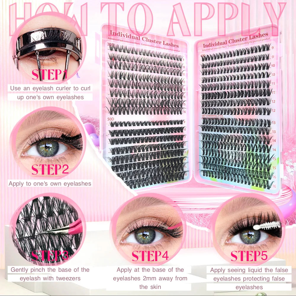 Lash Extension Kit Lash Clusters D Curl Individual Lashes Kit with Applicators D Curl 9-16mm Mixed Length Individual Lashes
